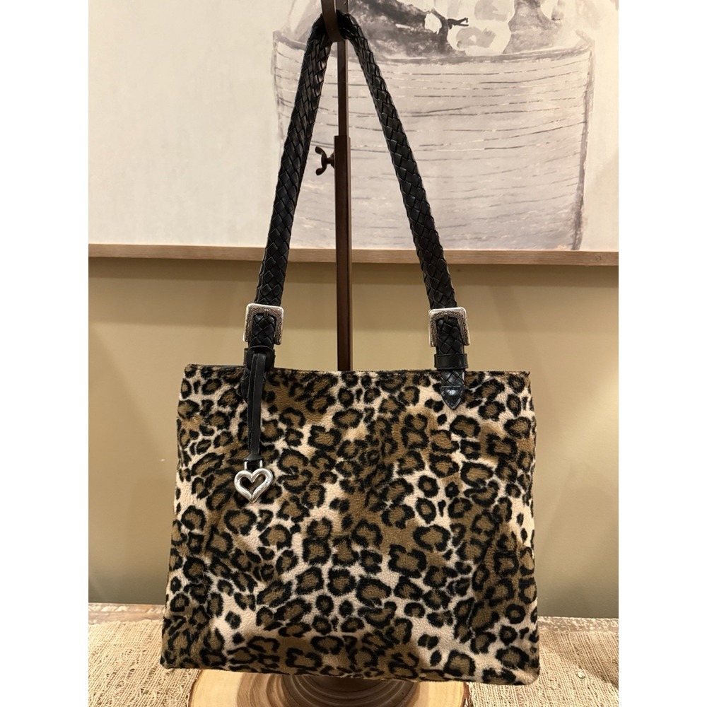 BRIGHTON Leopard Fur Y2K purse #101135 tote Retro‎ Classic Braided Black Leather